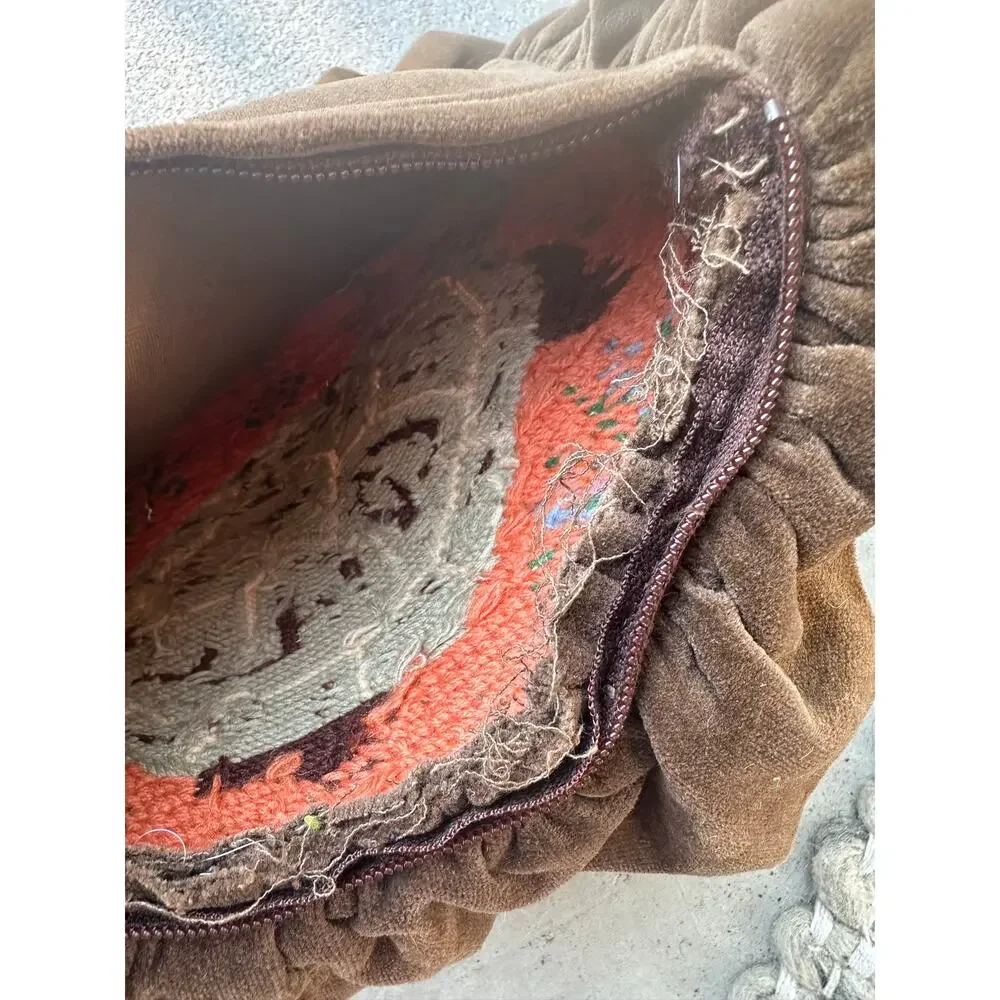 Vintage handmade needlepoint turtle pillow sham brown velvet ruffle orange